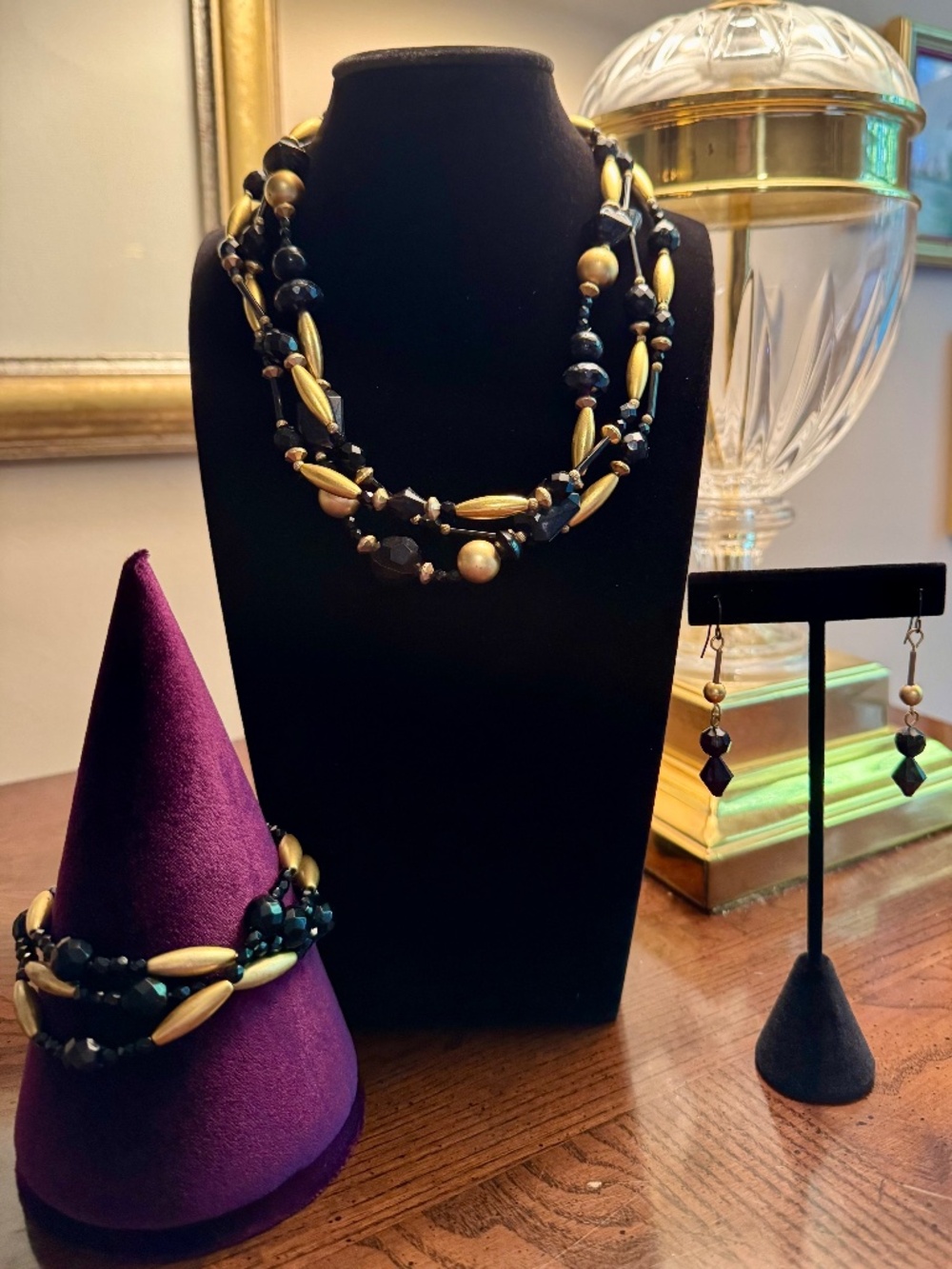 Trio of Faceted Jet Beads and Burnished Gold Baubles